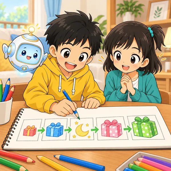 ハルがノートに休んでも続きから進めるマス目を描き、ミオがうなずいている。