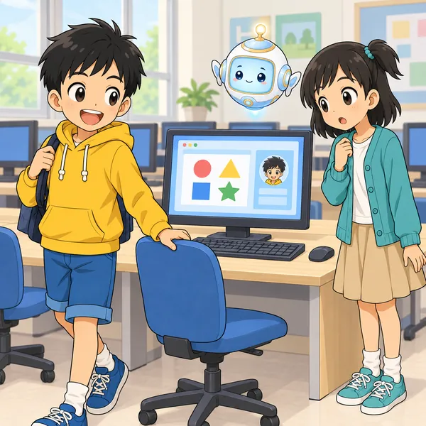 学校のパソコンルーム。ハルが作業を終えて、画面をそのままに立ち上がっている
