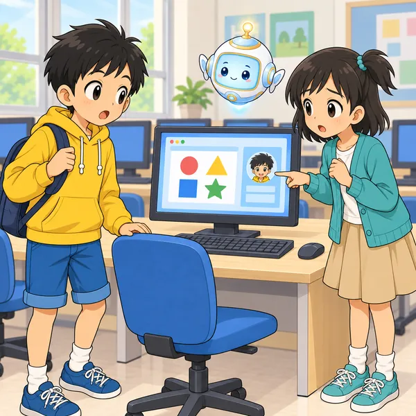 ミオが画面を指さしている。ハルのアカウントでログインしたままになっている