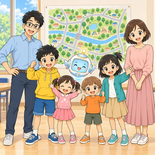 大きな地図の前で、ハルとミオと家族が笑っている。