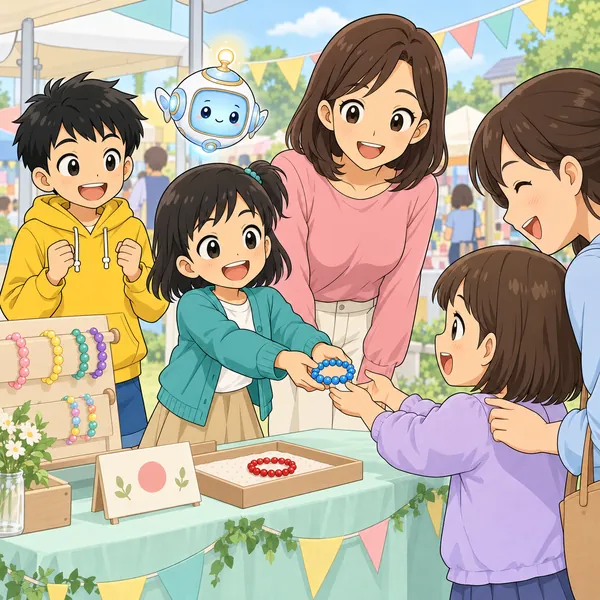 ミオが、お客さんの子に青いブレスレットを笑顔で渡している。
