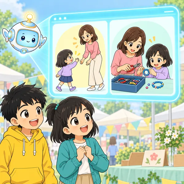 AIロボットが、子どもが大人に伝えに行き、いっしょに直す絵を見せている。