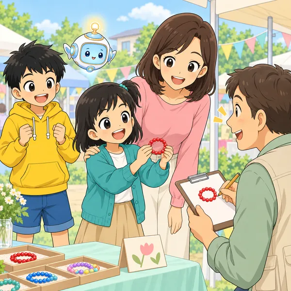 ミオが母といっしょに、主催の大人にまちがいを伝えている。