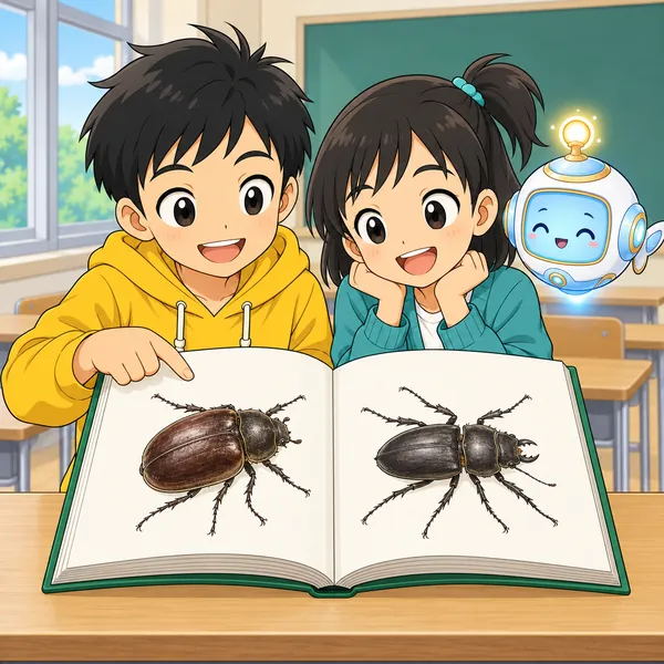 ハルとミオが図かんで、カブトムシのメスとクワガタのメスの絵を見くらべている。