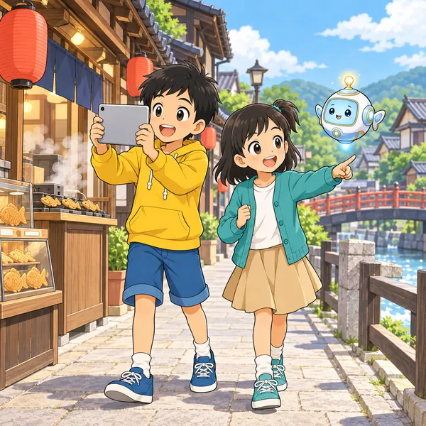ハルとミオが、商店街を歩きながら写真を撮っている。