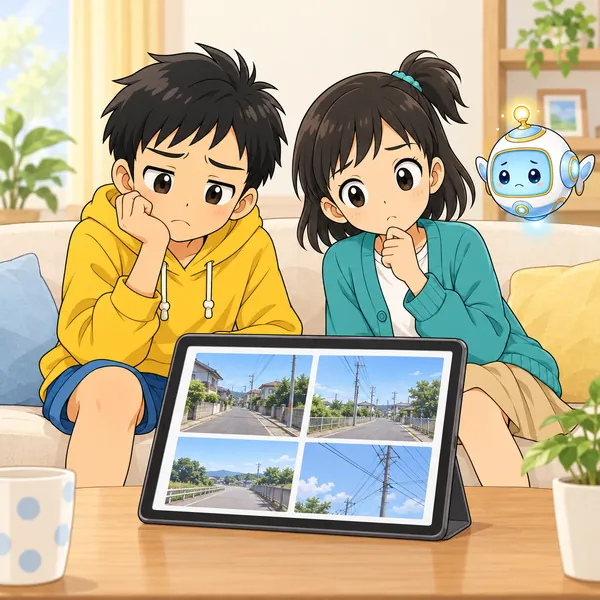 ハルが、ただの道が写った写真を見てつまらなそうにしている。