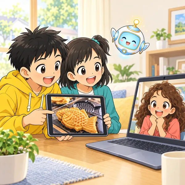 ハルとミオがいとこにたいやきの写真を見せ、いとこが目をかがやかせている。
