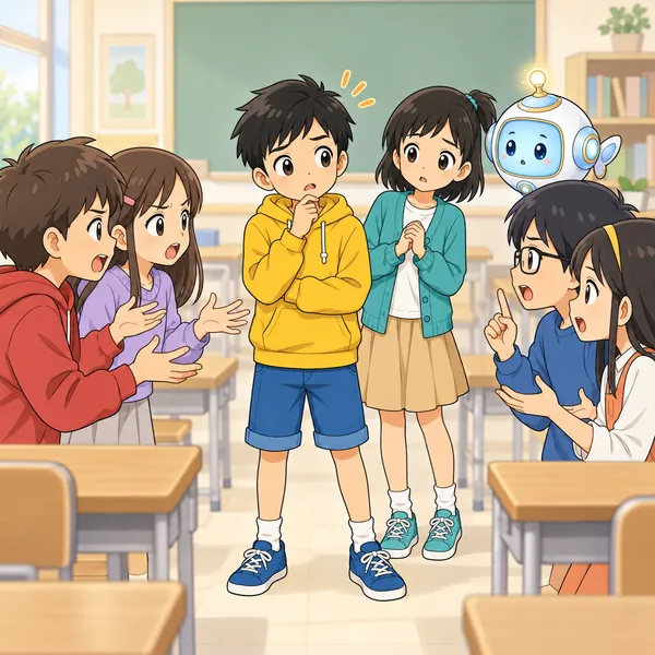 教室。子どもたちが二つに分かれて言い合いのようになっている