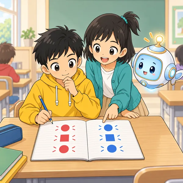 アイが浮かび、ミオと一緒に、ハルがノートに両方の言い分を書き出すのを手伝っている