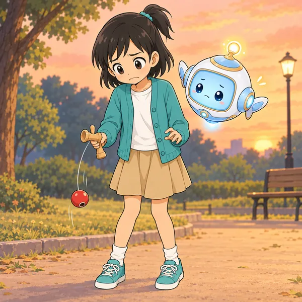 公園で、ミオのけん玉の玉が皿に乗らずに落ちている。