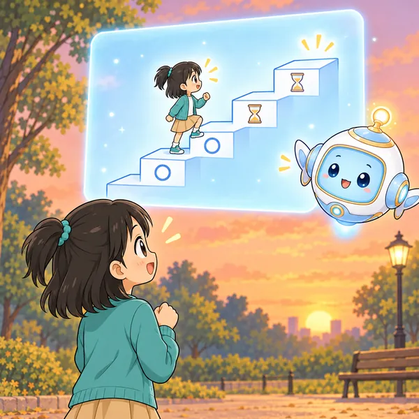 AIロボットが、できた段と、まだの段がある階段の絵を見せている。