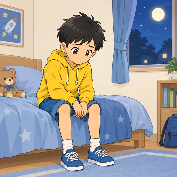 夜の部屋。ハルが一人でうつむいて座っている