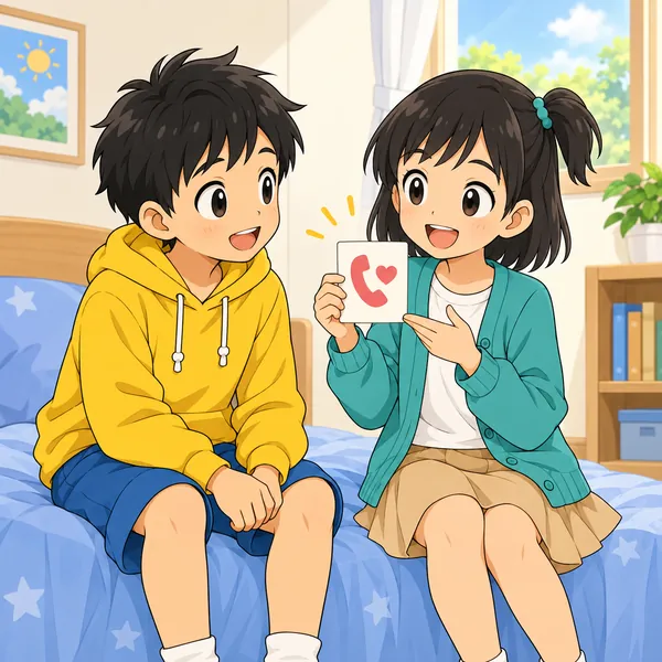 翌日。ミオが、子ども向けの相談電話があることを伝えている