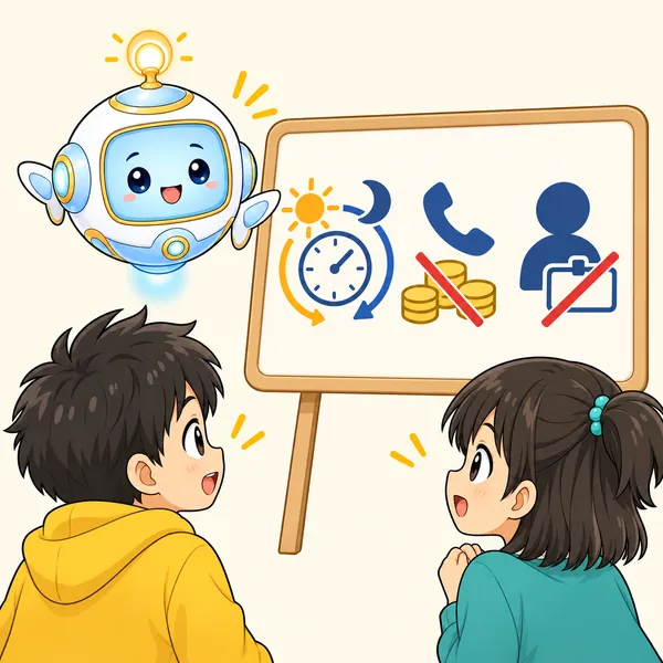 アイが、24時間つながること・通話無料・名前を言わなくてよいことを示している
