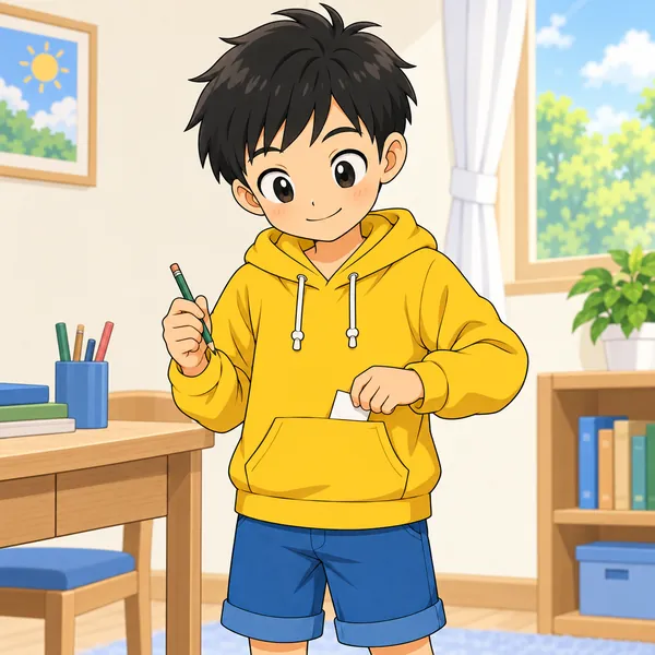 ハルが番号を小さな紙に書いて、ポケットにしまっている