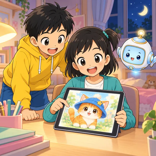 夜の部屋で、ミオがタブレットの絵を作るAIでぼうしのねこの絵を作り、ハルがのぞきこんでいる。