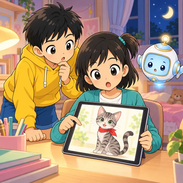 もう一度たのむとマフラーのねこの絵が出て、ミオとハルがおどろいている。