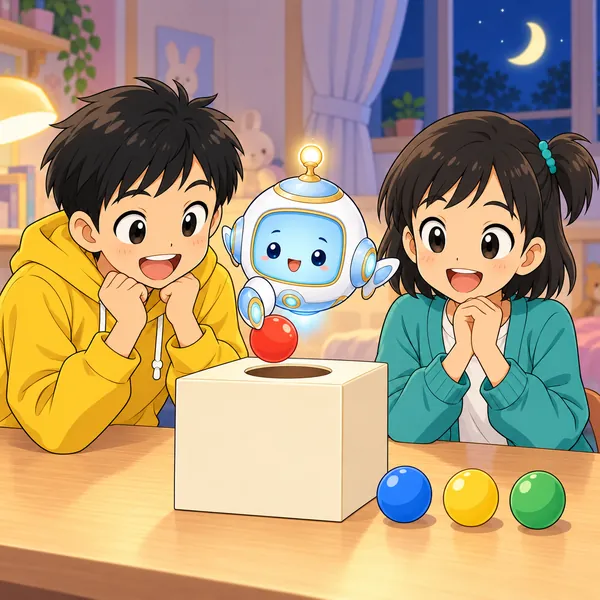AIロボットが、くじ引きの箱から色ちがいの玉を取り出しているイメージを、ハルとミオが見ている。
