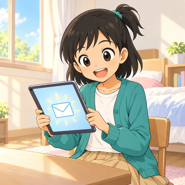 朝、ミオがタブレットを開くと封筒のマークが光っていて、うれしそうにしている。