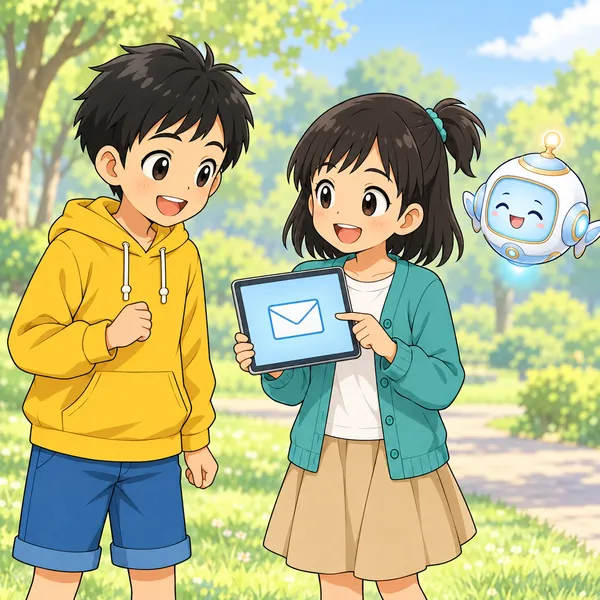 公園でハルとミオが会い、ミオがタブレットを見せてにっこりしている。