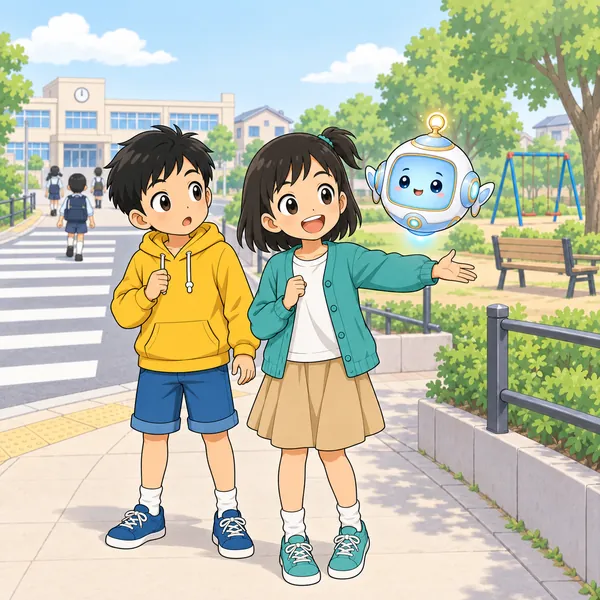 ミオが、通学路や公園も社会だと話している