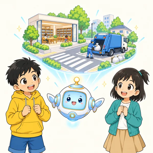 アイが、道路・図書館・ごみ収集など、身近な仕組みを見せている