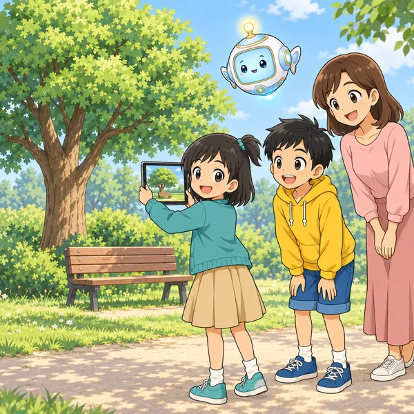公園で、ミオがいつものベンチの横から、同じ向きで大きな木を撮っている。