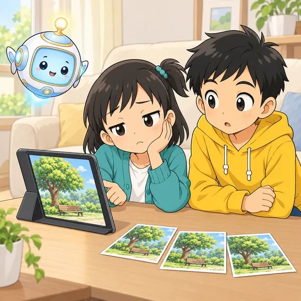 家で写真をめくるミオが、どれも同じに見えてつまらなそうにしている。