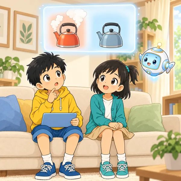 AIロボットが、湯気の出る熱いやかんと、落ちついたやかんの絵を見せている。