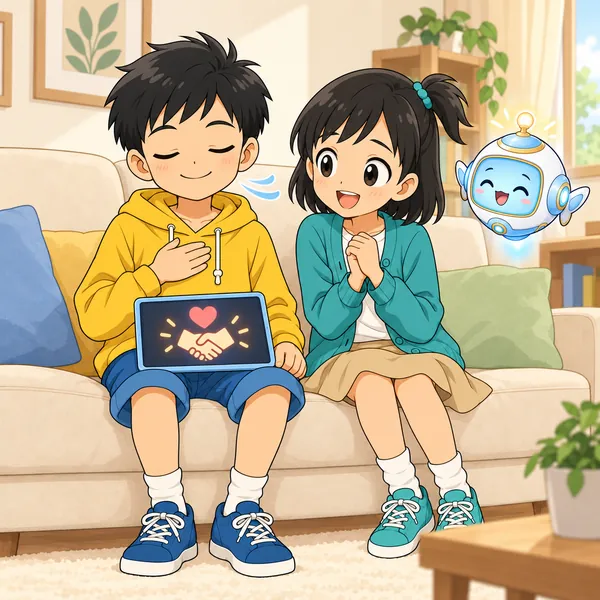 ハルがタブレットをひざに置いて、深呼吸してにっこりしている。