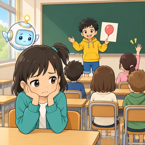 多数決で、ミオの案に手があまり上がらず、がっかりしている。