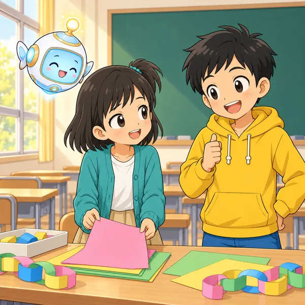 ミオが友だちに話しかけ、かざりつけの色紙を手に取っている。