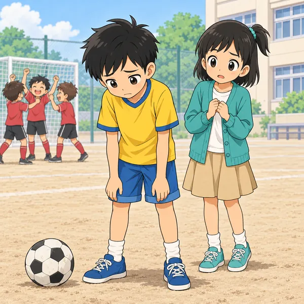 小学校の校庭。サッカーの試合が終わり、相手チームが喜んでいる横で、ハルがうつむいて肩を落としている