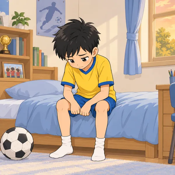 ハルが家の自分の部屋で、ユニフォームのままベッドにすわり、くやしそうに下を向いている