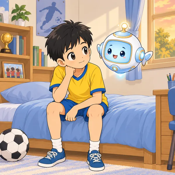 アイがハルのそばに浮かび、やさしく話しかけている