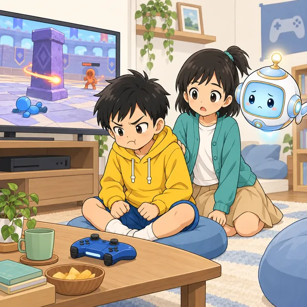 対戦ゲームでハルが負けて、コントローラーを置いてくやしがっている