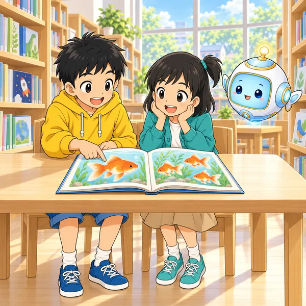 ハルとミオが金魚の本をいっしょに見て笑っている。