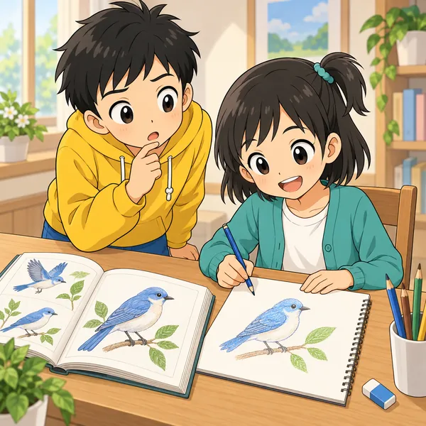 ミオが机で、開いた図鑑の鳥の絵を見ながら、そっくりに描く練習をしている