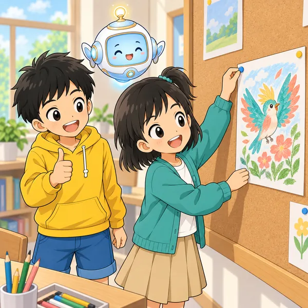 ミオが練習で身につけた描き方で、自分だけのオリジナルの鳥の絵を描き、教室の掲示板にはっている