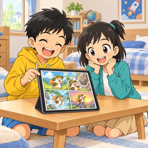 ハルの部屋で、ハルがタブレットの電子書籍のまんがを読んで笑い、ミオがとなりにいる。