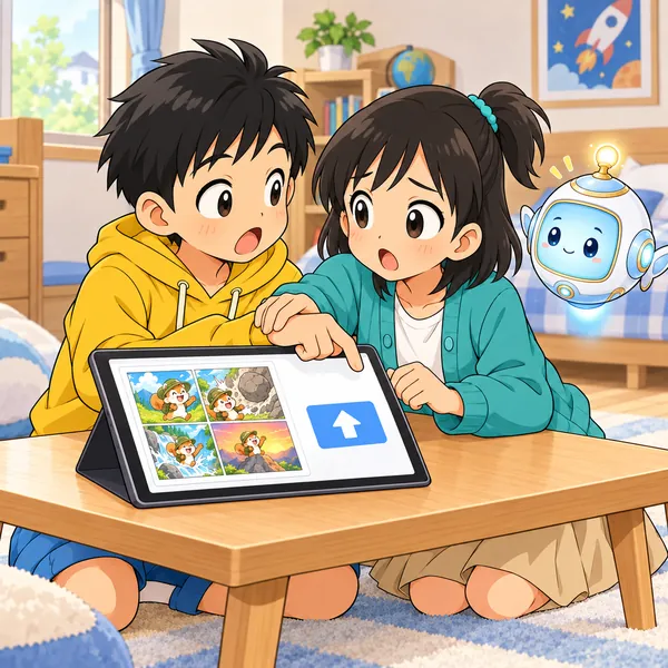 まんがの画面写真を投稿しようとするハルの手を、ミオがそっと止めている。