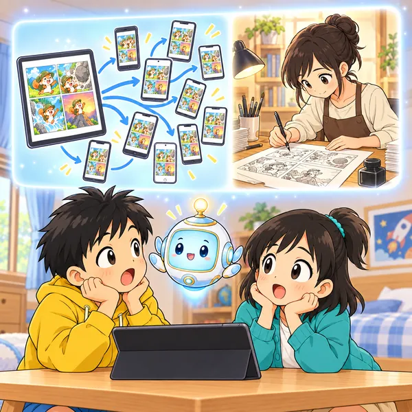 AIロボットが、まんがのページがたくさんのスマホに広がる絵と、机で描く人の姿をうかべている。