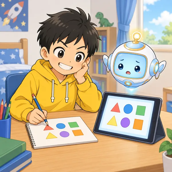 ハルが自分の部屋でタブレットに向かい、にんまりしながらAIに宿題をやらせて、そのまま書き写している