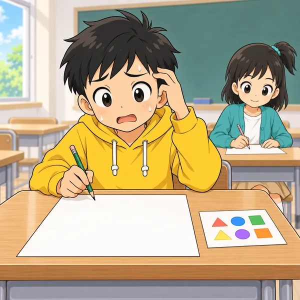 小テストの時間。同じような問題が出ているのに、ハルの手が止まり、真っ白な答案の前であせっている
