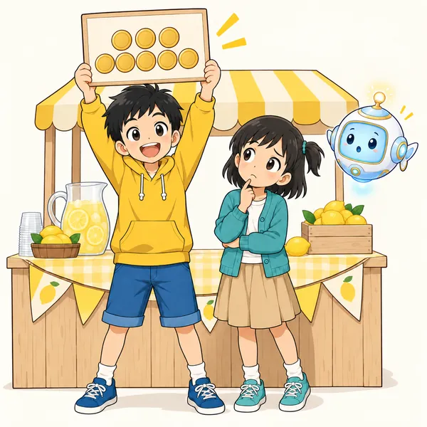 手作りのレモネードのお店。ハルが値札をぐっと高くかかげ、ミオが首をかしげている