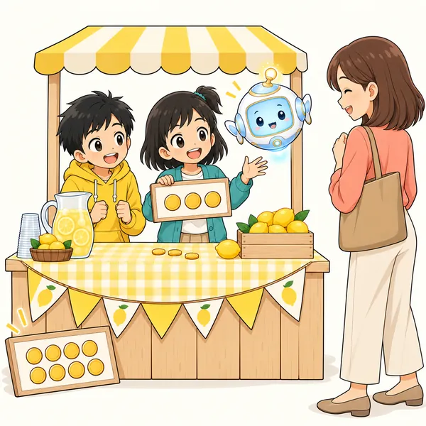 アイが問いかけるように浮かび、ミオが値札を見直し、笑顔でお客さんにあいさつしている