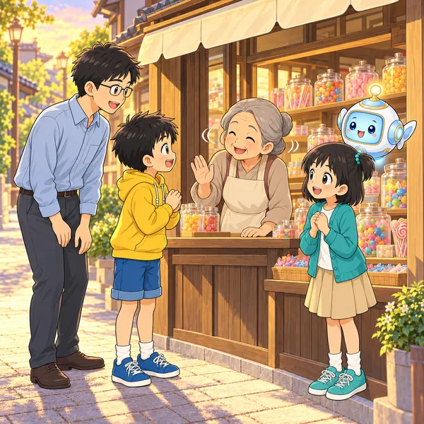 ハルが父といっしょに、駄菓子屋のおばあさんに直接聞いている。