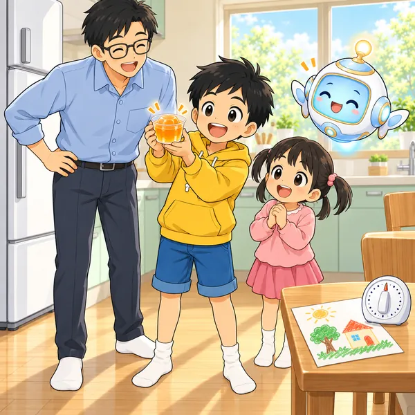 ハルがかたまったゼリーを見せ、父と妹が笑っている。