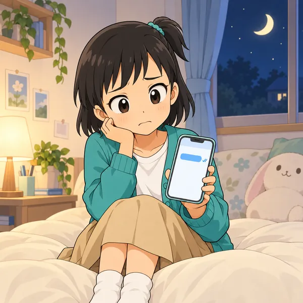 夜のミオの部屋。ミオがベッドでスマホを見つめ、自分が送ったメッセージに既読がついているのに返事がない画面を見て、不安そうな顔をしている