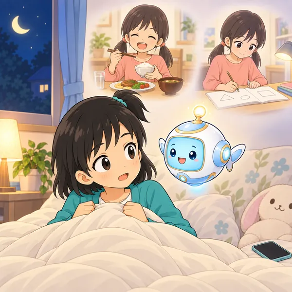アイがそっと浮かび、やさしく話しかけている